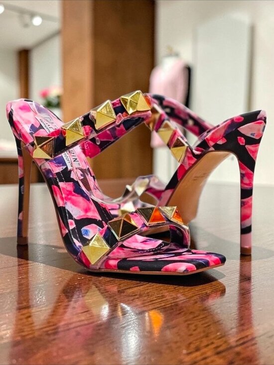 Shoes - Pink & Gold Studded High Heel Sandals With Floral Pattern Open Toe Stiletto Heel